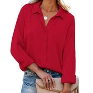 Classic Button Down Blouse Red Long Sleeve Office Casual Business Work 4th